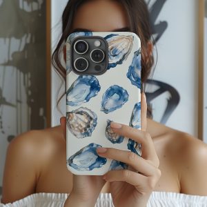 Blue Oyster Watercolor iPhone Case – Coastal Seashell Summer Design for iPhone 13 14 15 16 Pro Max