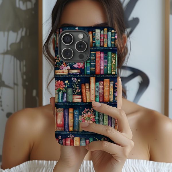 Vintage Floral Bookshelf iPhone Case – Bookish Cottagecore Design for iPhone 13 14 15 16 Pro Max - Image 2